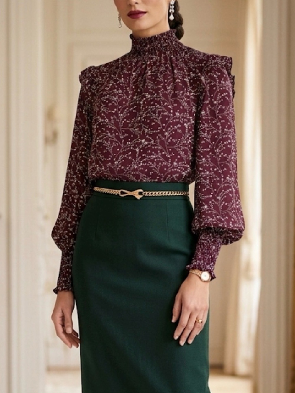 Burgundy‎ Celestial Floral Smocked High Neck Balloon Sleeve Ruffle Blouse Top